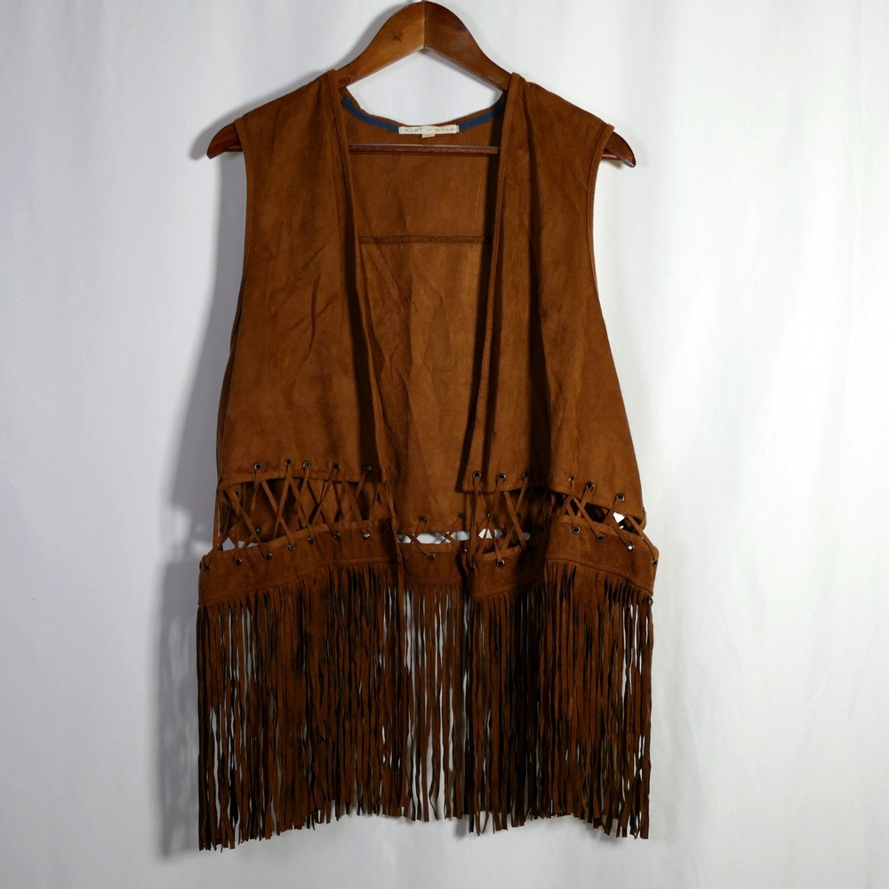 Womens Boho Western Faux Suede Fringe Vest Size 2X Festival Hippie Cowgirl Rodeo